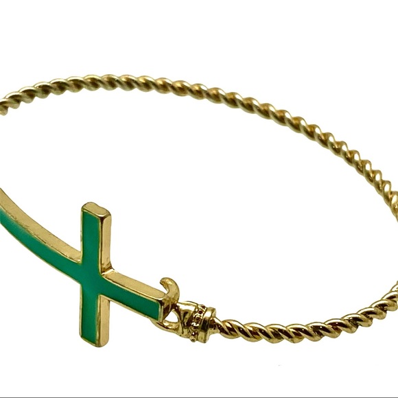 Vintage hinged bangle bracelet horizontal sideways cross gold tone green enamel - Picture 5 of 5